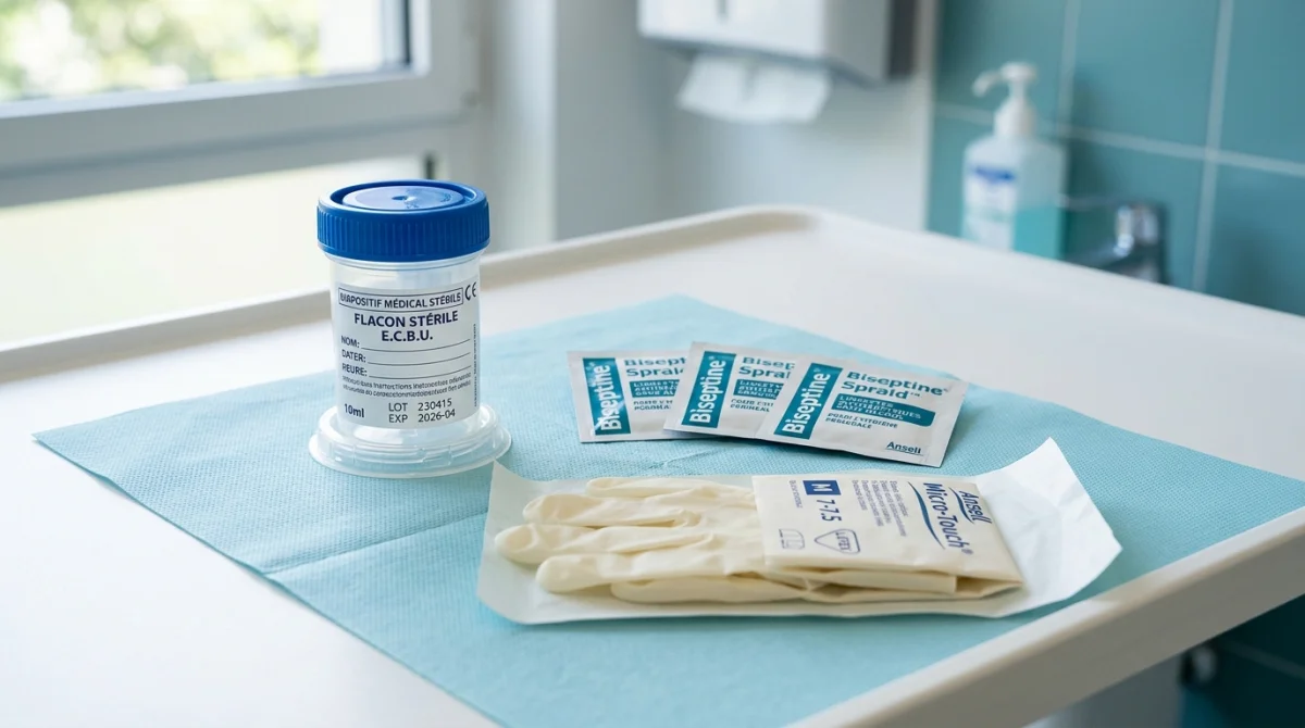 Kit de prélèvement ECBU stérile avec flacon, lingettes antiseptiques et gants médicaux sur un comptoir de laboratoire.