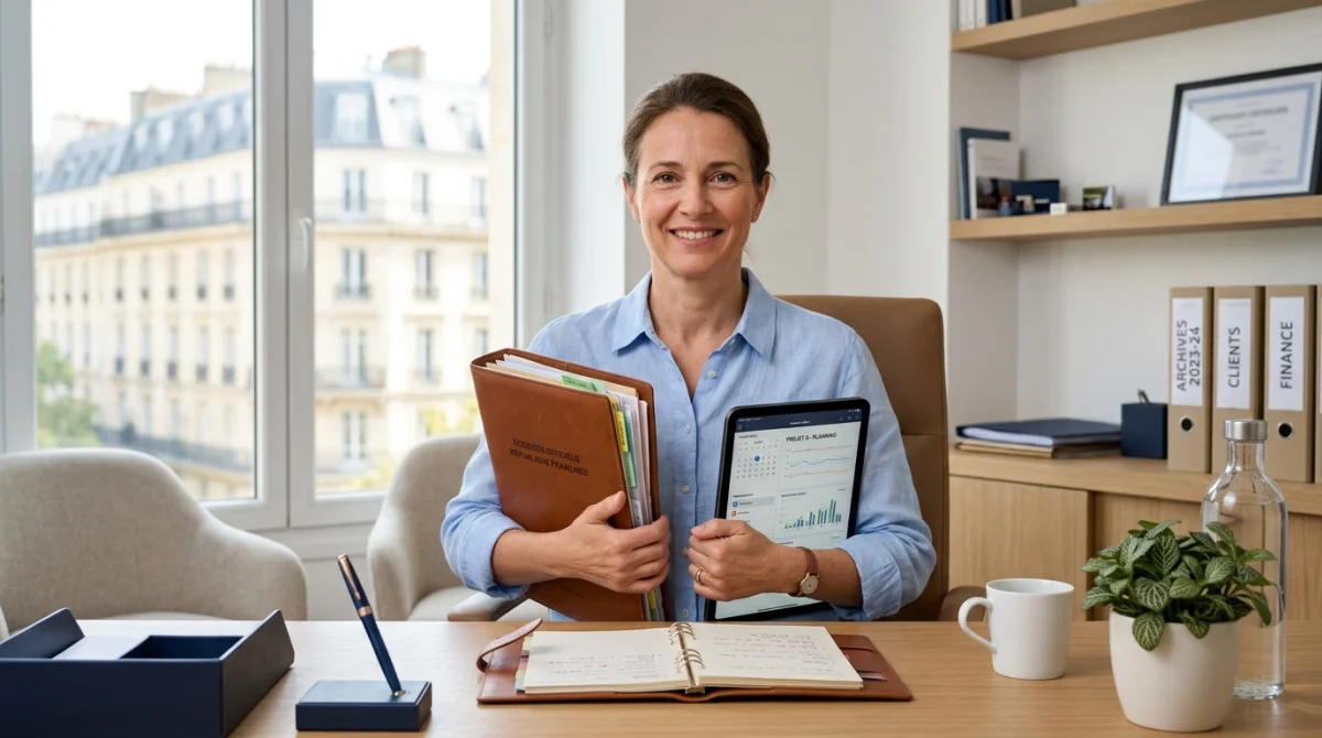 Personne organisée dans un bureau parisien gérant des documents officiels pour un prélèvement Oni Paris 10.