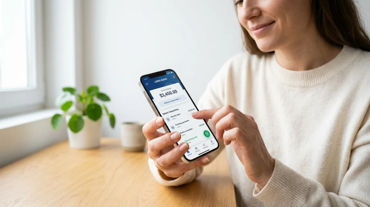 Personne consultant sereinement une application bancaire sur smartphone pour gérer ses prélèvements GoCardless dans un bureau lumineux.