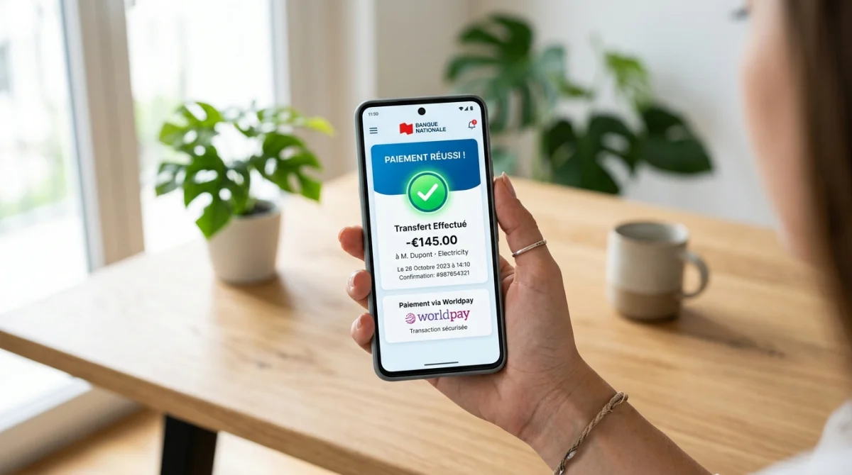 Main tenant un smartphone affichant une notification de paiement Worldpay réussi sur un bureau moderne et lumineux.