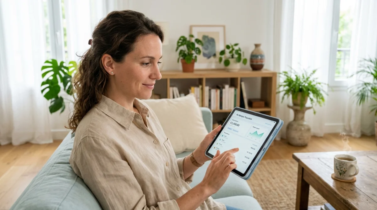 Personne consultant sereinement ses comptes bancaires sur une tablette numérique pour gérer un prlv carma dans un salon lumineux.