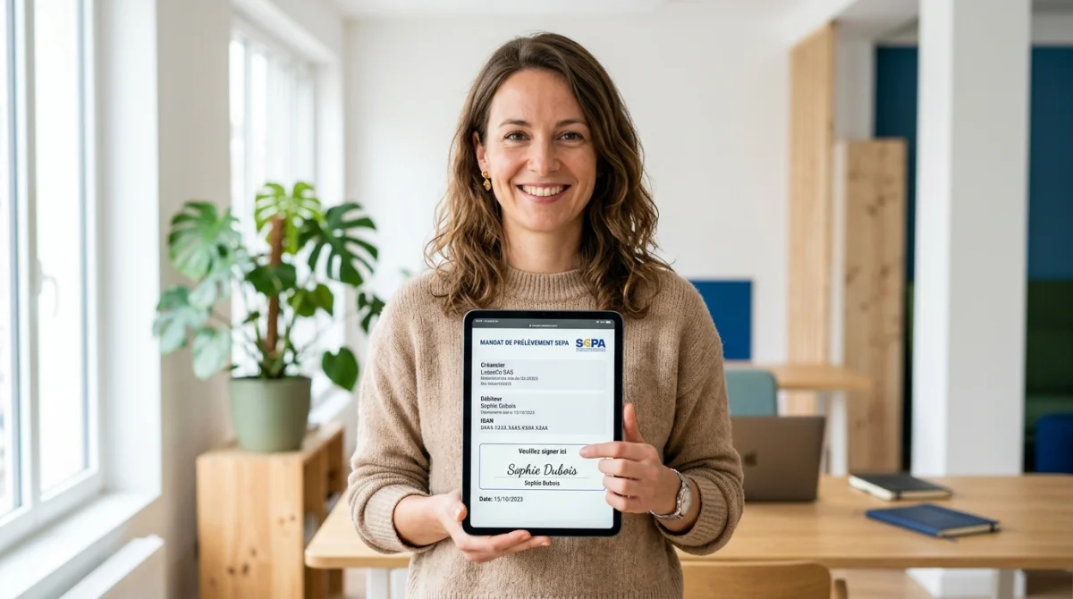 Personne souriante utilisant une tablette pour signer un mandat SEPA GoCardless dans un bureau moderne et lumineux.