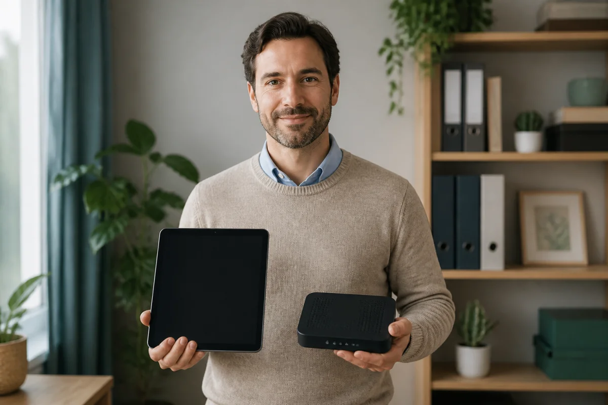 Professionnel tenant une tablette et un boîtier électronique dans un bureau épuré pour le service prlv eps.