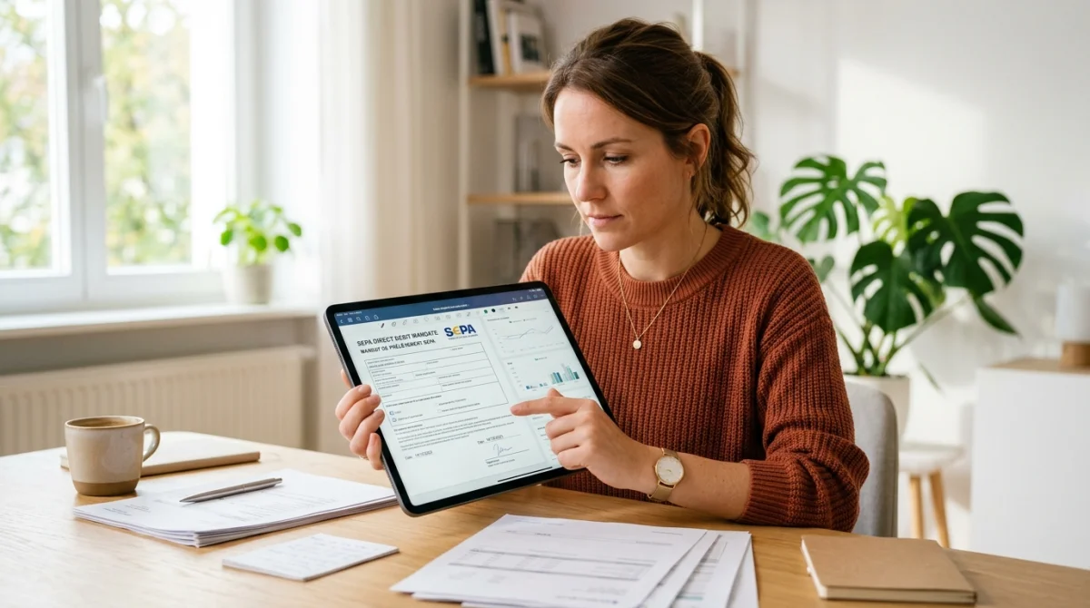 Personne consultant des documents financiers et un mandat SEPA sur tablette pour gérer un prélèvement LBP Yance Assurance.
