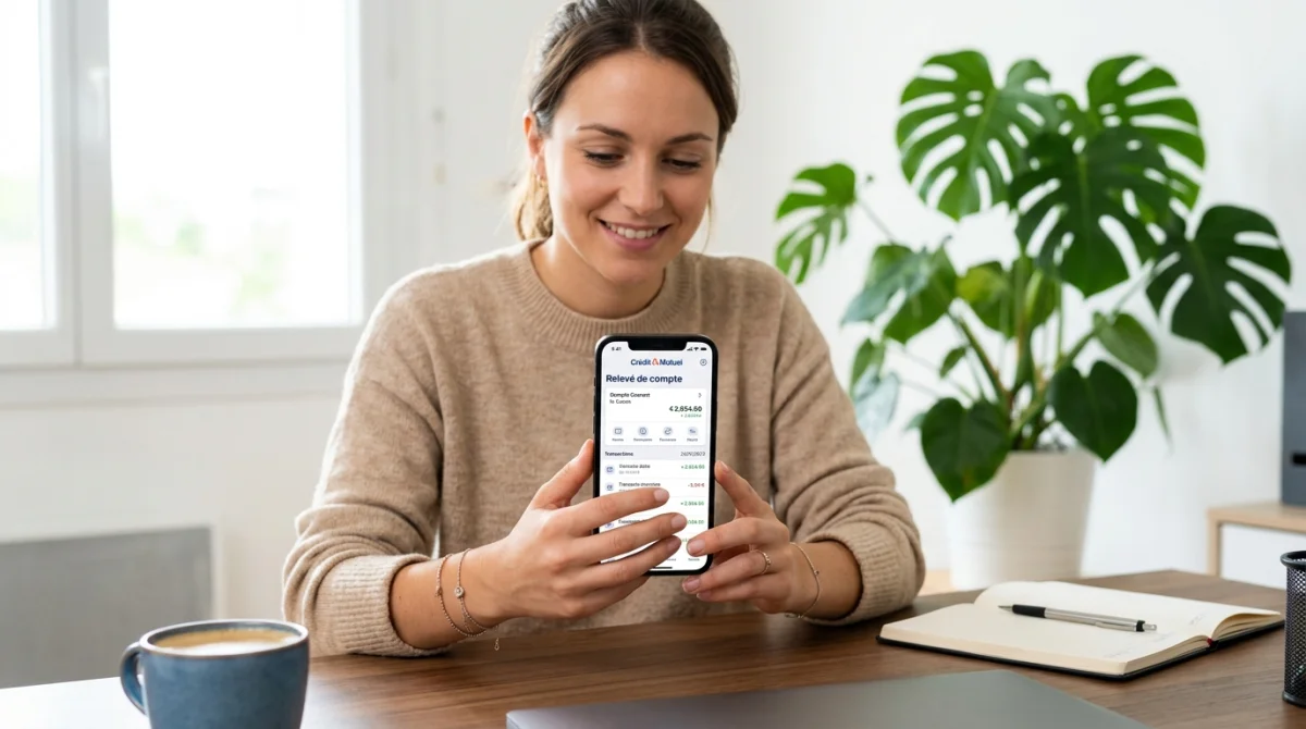 Personne consultant sereinement son relevé bancaire sur smartphone pour vérifier un prélèvement 3570l020 LBP PR Yance Assurance.
