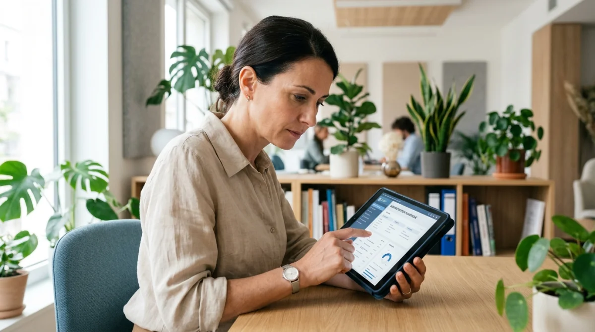 Cheffe d'entreprise consultant des documents administratifs sur tablette pour la gestion d'un prélèvement B2B DGFiP au bureau.
