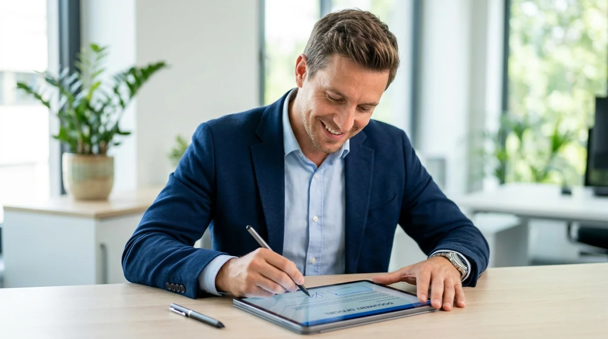 Professionnel signant numériquement un document administratif sur tablette pour un prélèvement B2B DGFiP dans un bureau moderne.
