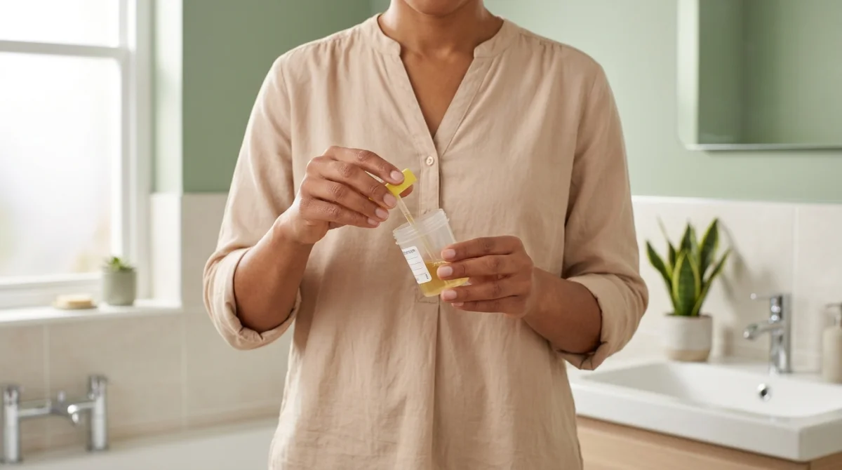 Personne réalisant un prélèvement ECBU dans un flacon stérile en respectant les règles d'hygiène en salle de bain.