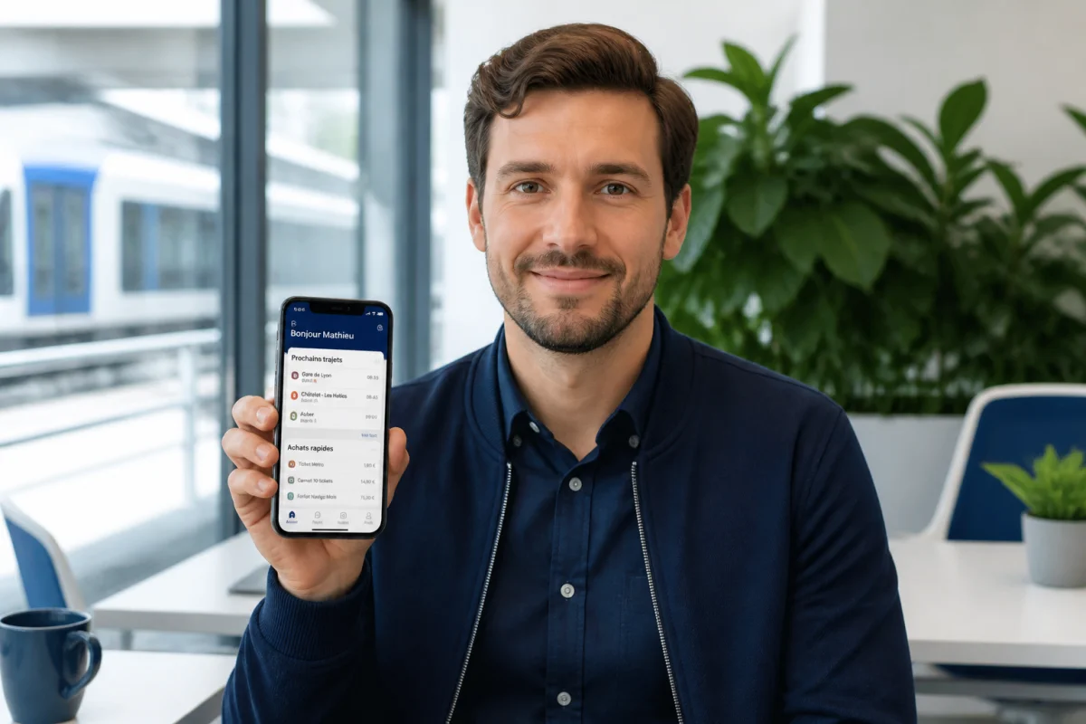Professionnel utilisant une application de transport moderne sur smartphone pour gérer son prlv sepa comutitres sas-sig au bureau.