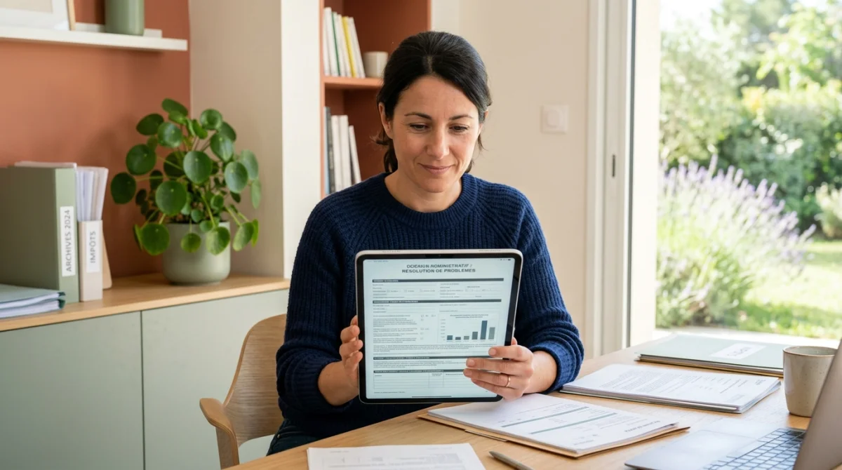 Personne consultant un contrat de prélèvement hpy auto sur tablette dans un bureau moderne et lumineux.