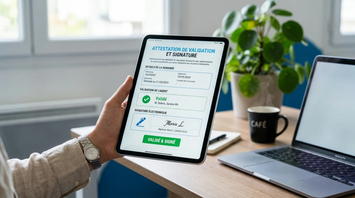 Main tenant une tablette pour valider un document administratif, illustrant le service de prélèvement Fuzion sur un bureau moderne.