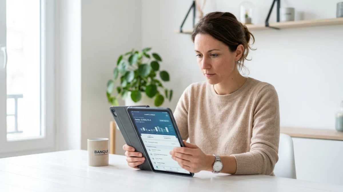 Personne consultant ses comptes sur une tablette pour vérifier un prélèvement Cash Loisir de 21 euros.