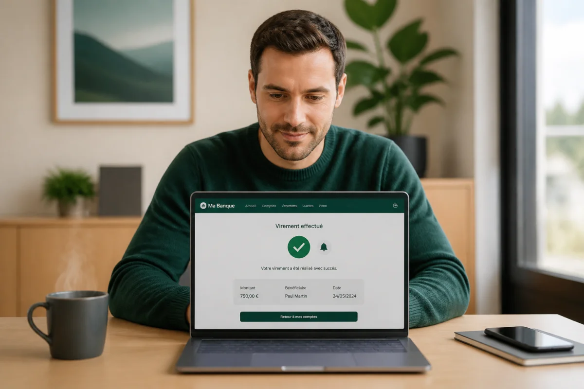 Personne consultant une interface bancaire sur ordinateur pour vérifier la réception d'un virement dans un bureau lumineux.