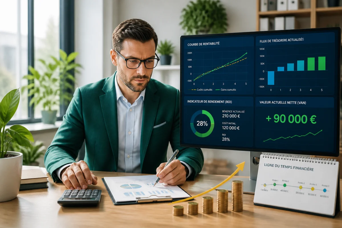 Analyste financier étudiant des graphiques de rentabilité, du retour sur investissement et des flux de trésorerie actualisés