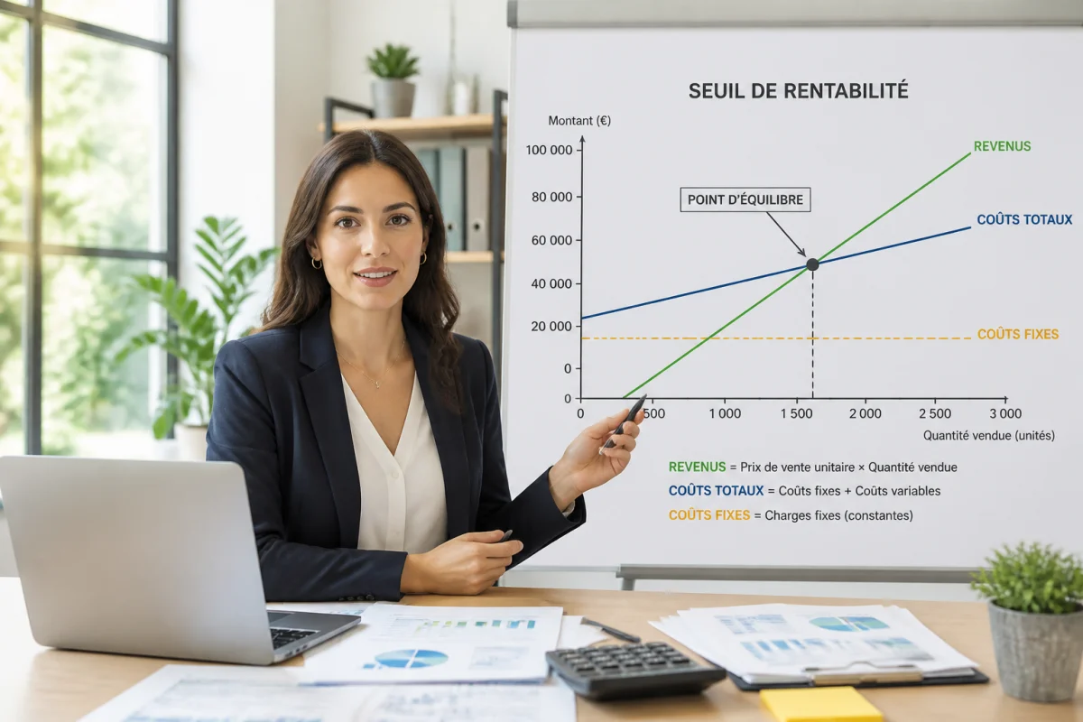 Analyste financière présentant un graphique du seuil de rentabilité avec coûts et revenus croisés dans un bureau moderne