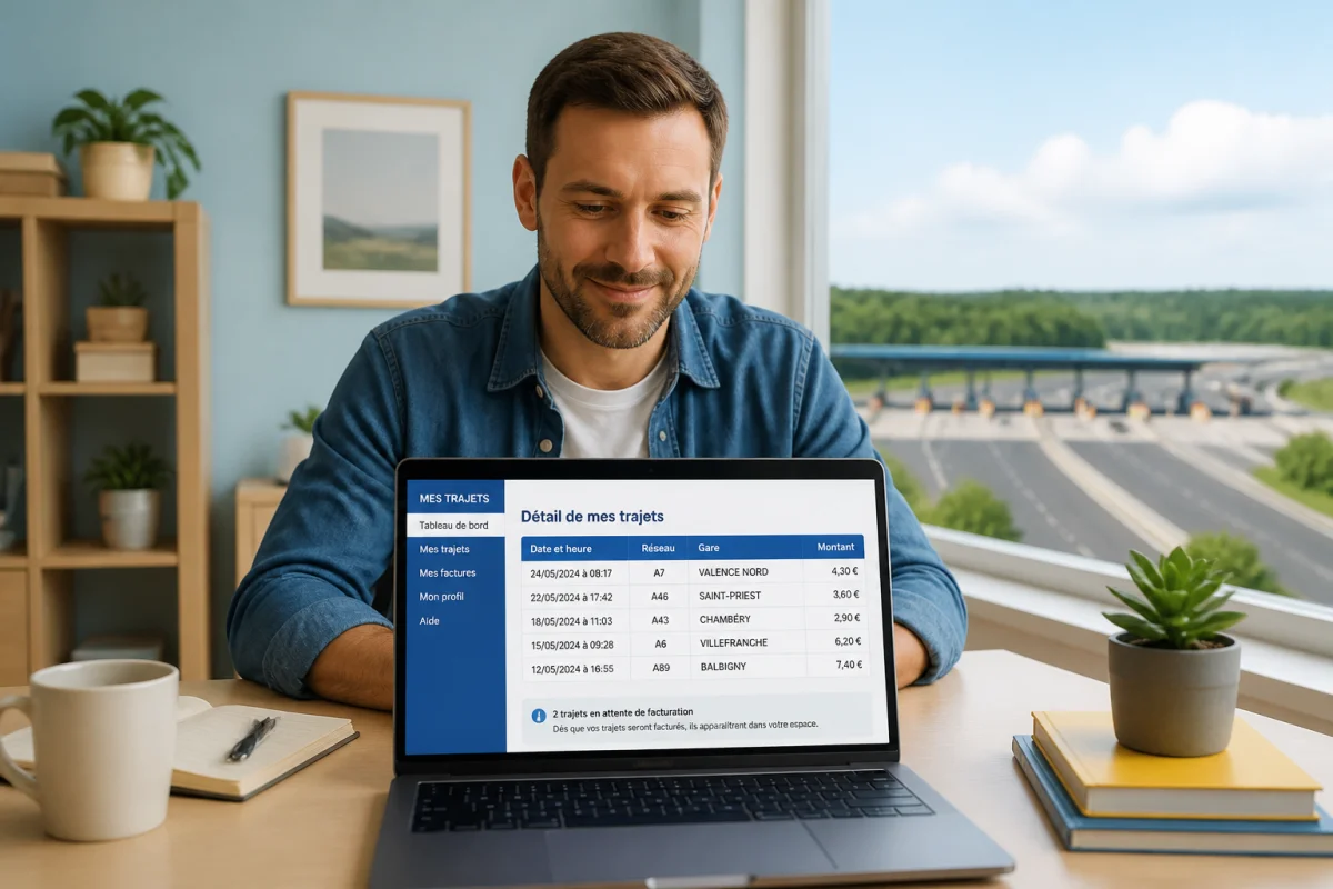 Utilisateur consultant son compte APRR et vérifiant ses factures de trajets autoroutiers sur ordinateur portable