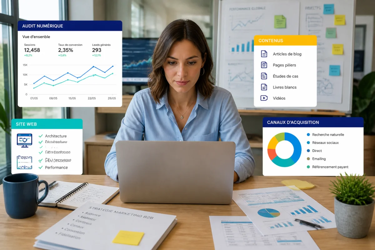 Professionnelle analysant un audit marketing B2B numérique avec graphiques de performance et canaux d’acquisition variés
