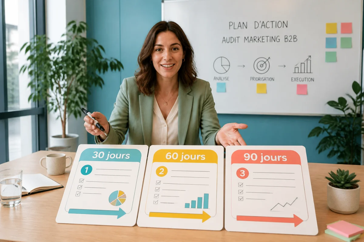 Consultante marketing organisant un audit marketing B2B en plan d’action priorisé sur 30, 60 et 90 jours
