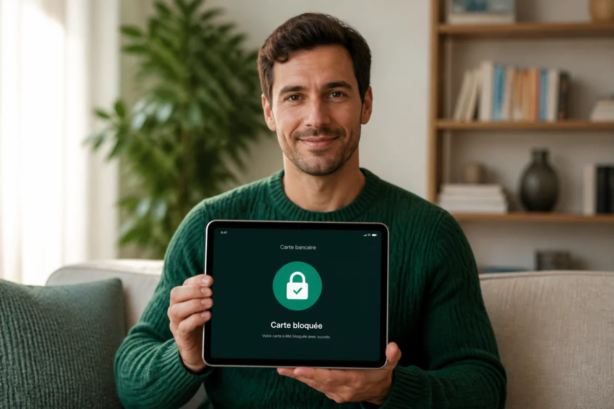 Personne utilisant une tablette pour apprendre comment bloquer un prélèvement en ligne dans un salon moderne et lumineux.