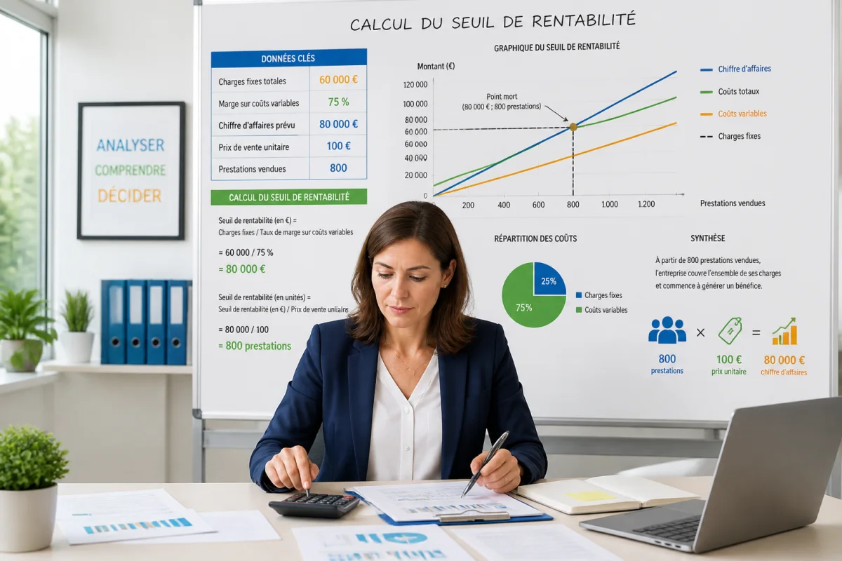 Consultante analysant un tableau de calcul du seuil de rentabilité avec charges fixes, marge et chiffre d’affaires détaillés
