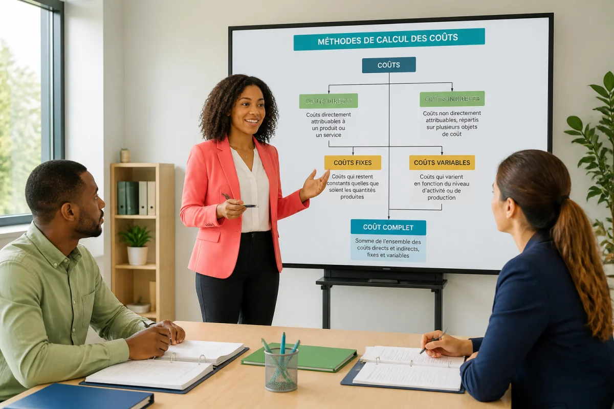 Formation en comptabilité analytique avec formatrice expliquant les coûts directs et indirects à deux apprenants en salle lumineuse