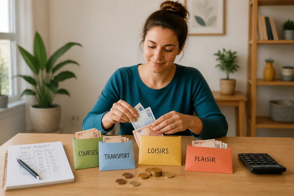 Personne répartissant son budget serré dans des enveloppes pour courses, transport et loisirs, avec carnet et calculatrice