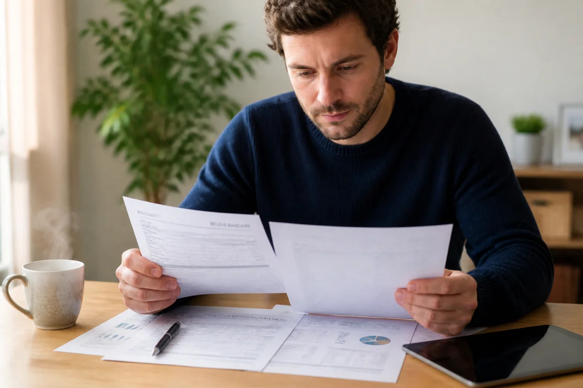 Personne concentrée examinant des documents pour la gestion d'un prlv sepa ca consumer finance sur un bureau lumineux.