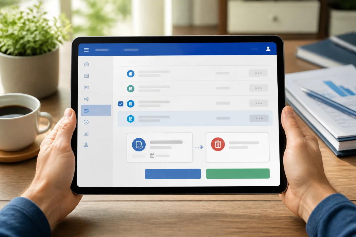 Personne consultant une tablette pour arrêter un prélèvement automatique SEPA depuis son espace bancaire sécurisé