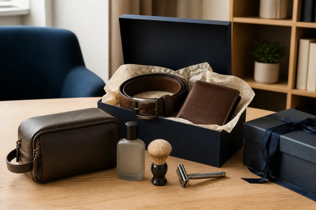Sélection d’accessoires élégants, idée de cadeau pour homme de 60 ans, présentée autour d’un coffret ouvert.