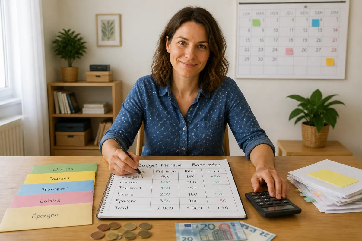 Personne organisant un budget serré avec carnet, calculatrice, enveloppes et répartition des dépenses essentielles, loisirs et épargne