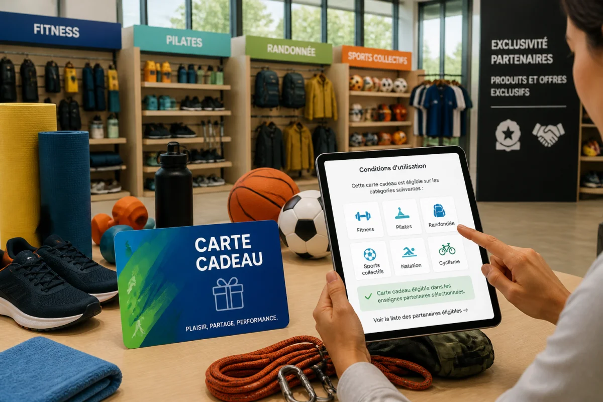 Carte cadeau kadeos infini decathlon entourée d’articles sportifs, avec une personne vérifiant son éligibilité sur une tablette