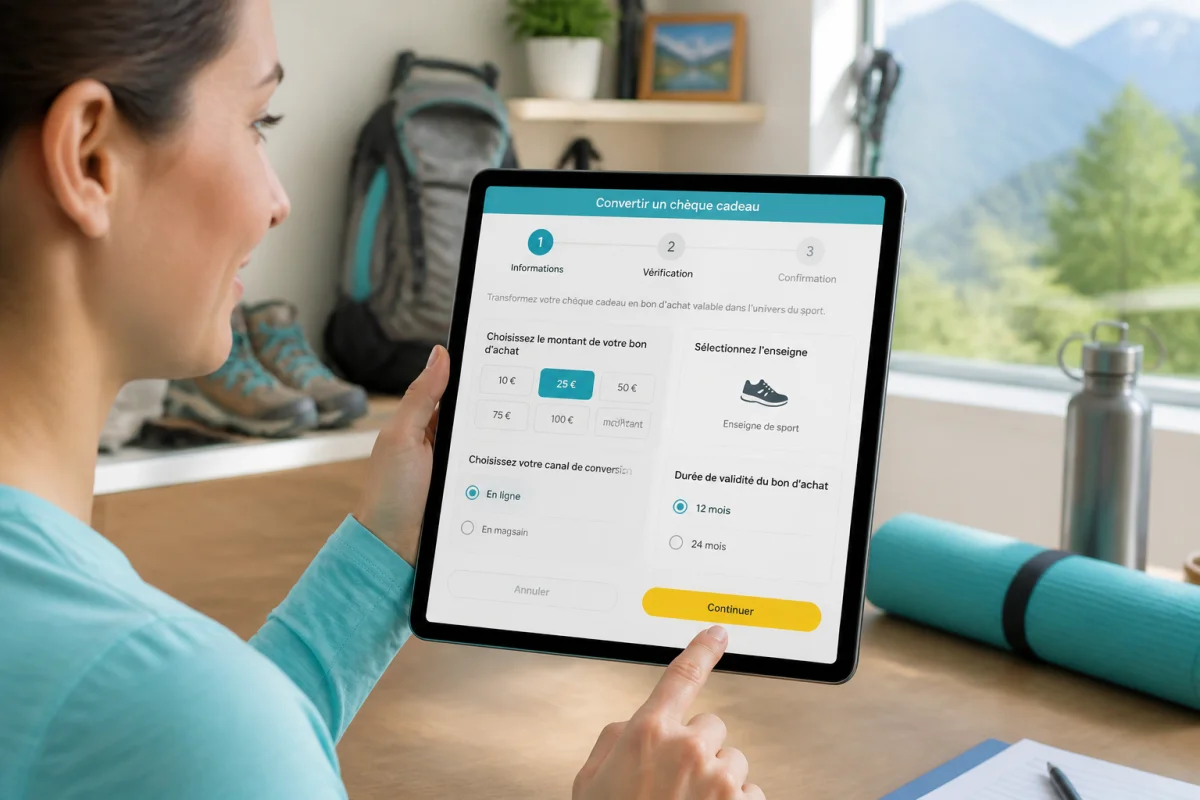 Conversion d’un chèque cadeau kadeos infini en bon d’achat Decathlon sur tablette, avec accessoires de randonnée et fitness