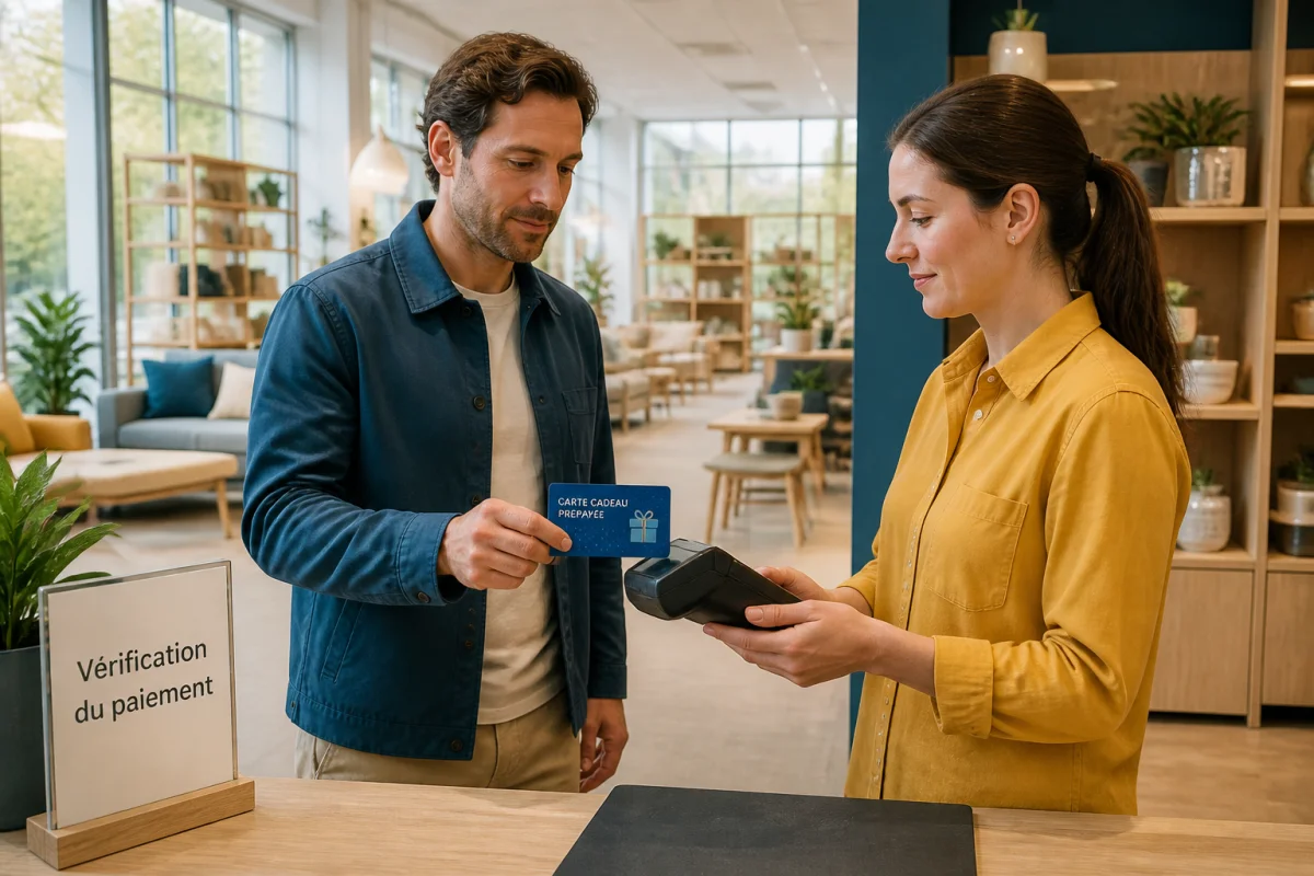 Client présentant une carte Kadéos Infini à la caisse d’un magasin IKEA pour vérifier son acceptation de paiement