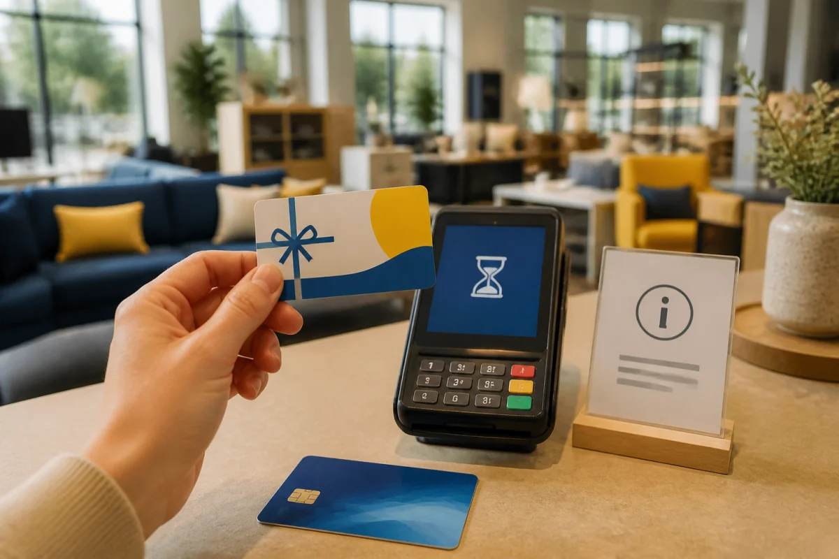 Carte cadeau neutre et terminal de paiement en caisse d’un magasin d’ameublement, illustrant Kadéos Infini chez IKEA