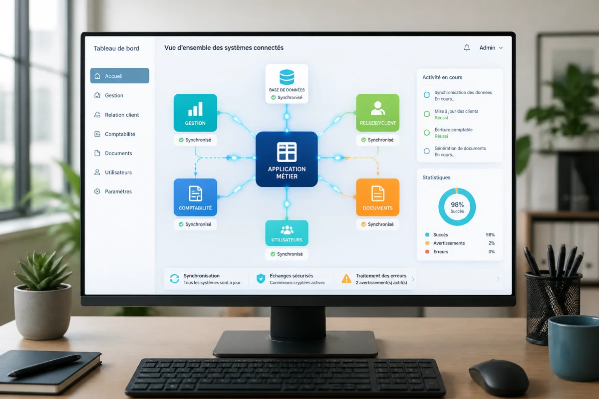Écran affichant un logiciel métier sur mesure reliant gestion, relation client et comptabilité par des flux synchronisés