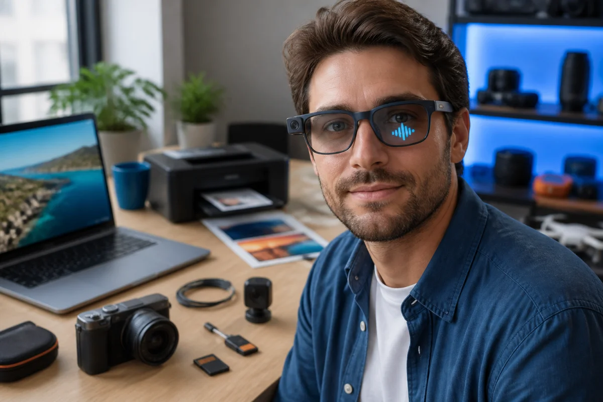 Homme portant des lunettes intelligentes entouré d’appareils photo, dans un bureau high-tech contemporain de créateur de contenu