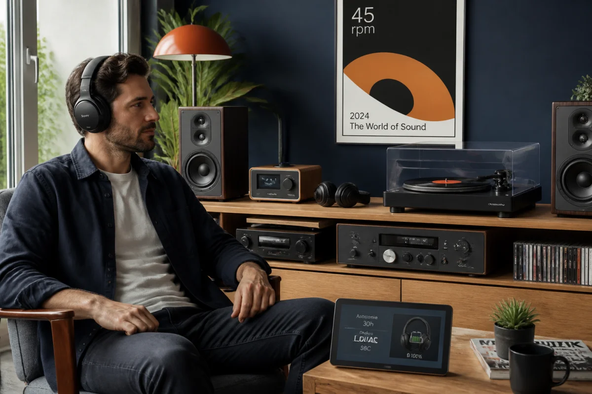 Magazine high tech homme présentant un passionné de son avec casque, chaîne hi-fi, platine vinyle et lecteur CD.