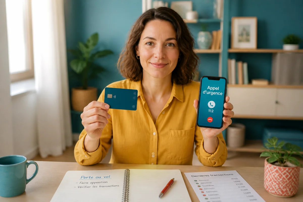 Personne tenant une carte bancaire et un téléphone pour contacter Oney Banque après une perte ou un vol