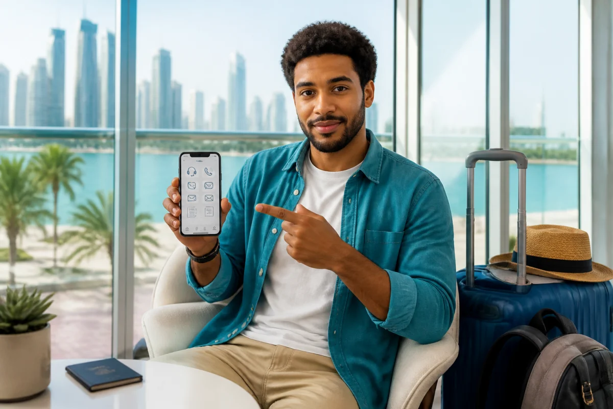 Voyageur contactant Oney par téléphone gratuit depuis l’étranger, smartphone en main sur une terrasse avec valise.
