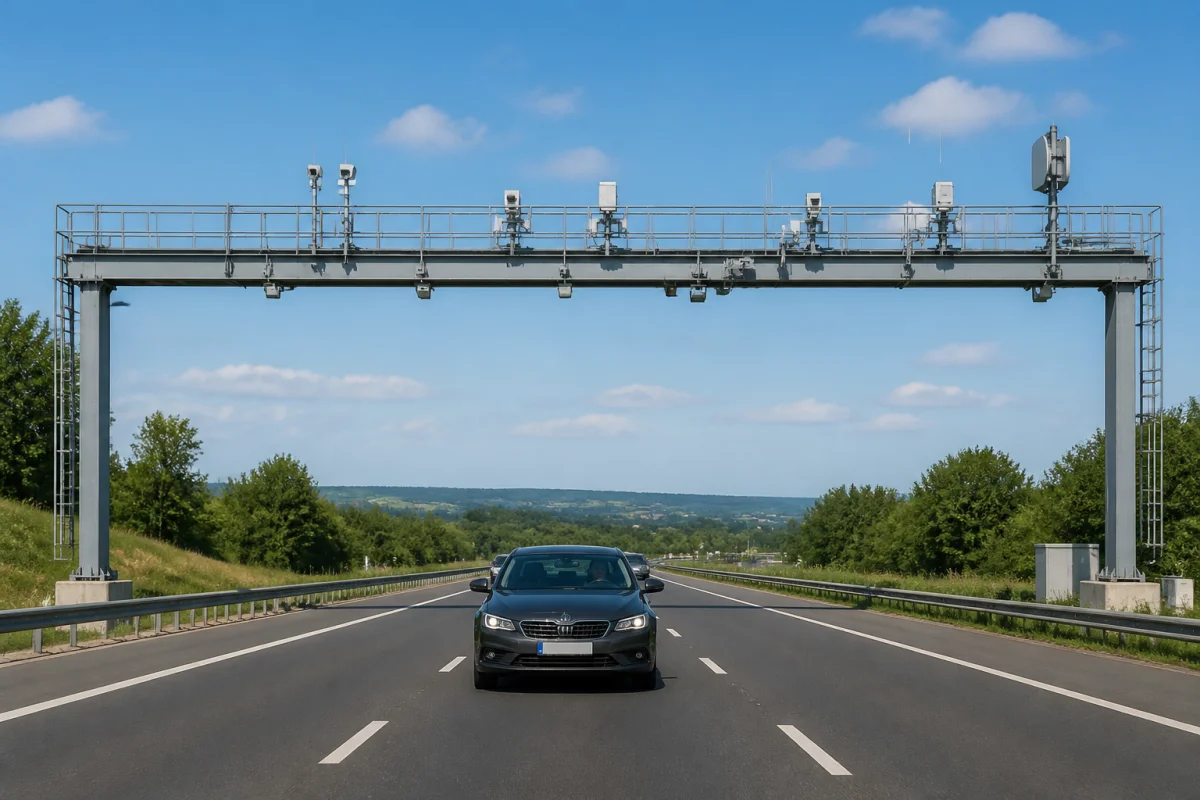 Véhicule passant sous un portique d’autoroute en flux libre équipé de caméras et capteurs, sans barrière ni cabine
