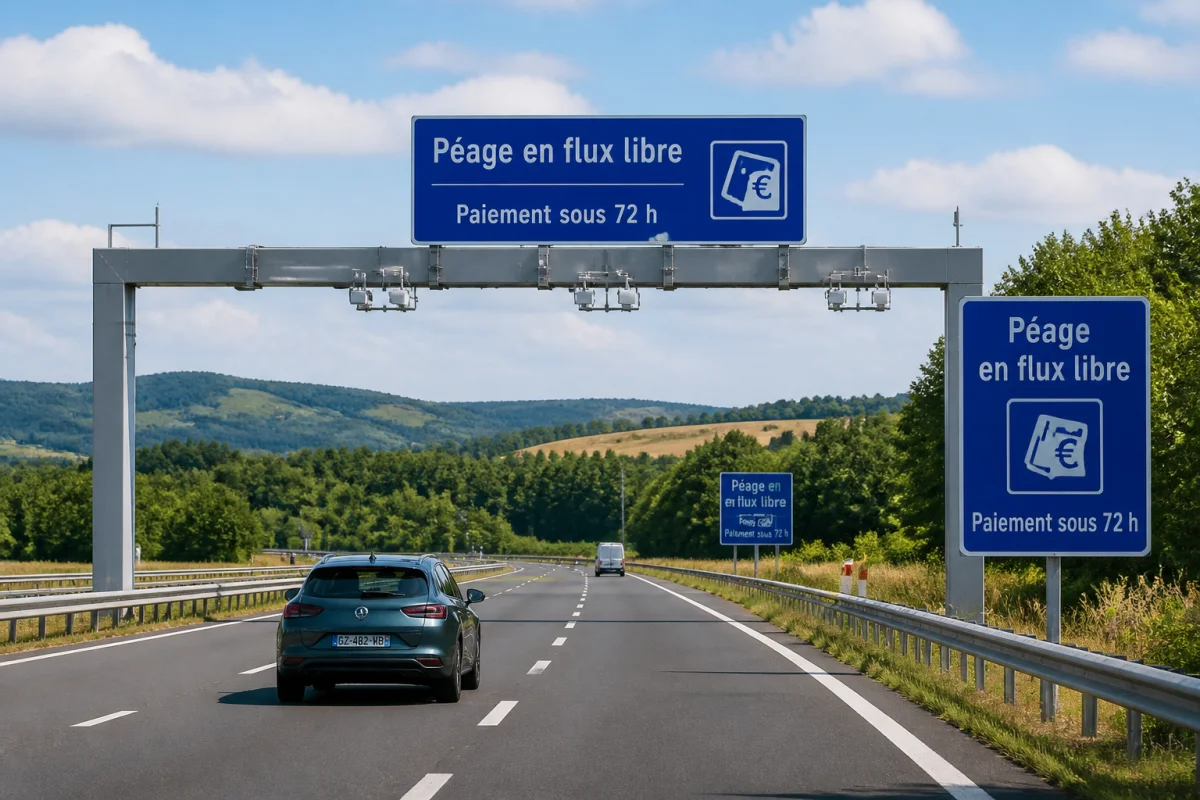 Autoroute en flux libre avec portique de péage, panneaux « Paiement sous 72 h » et voiture approchant