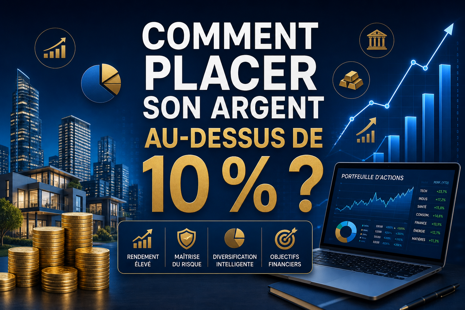 Placements financiers au-dessus de 10% sur fond bleu nuit