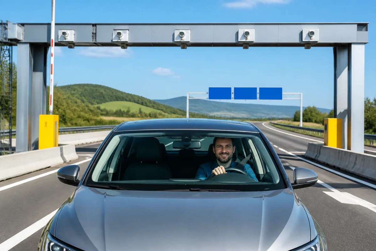 Conducteur souriant passant sous un portique de télépéage, illustrant le prlv APRR sur un compte bancaire