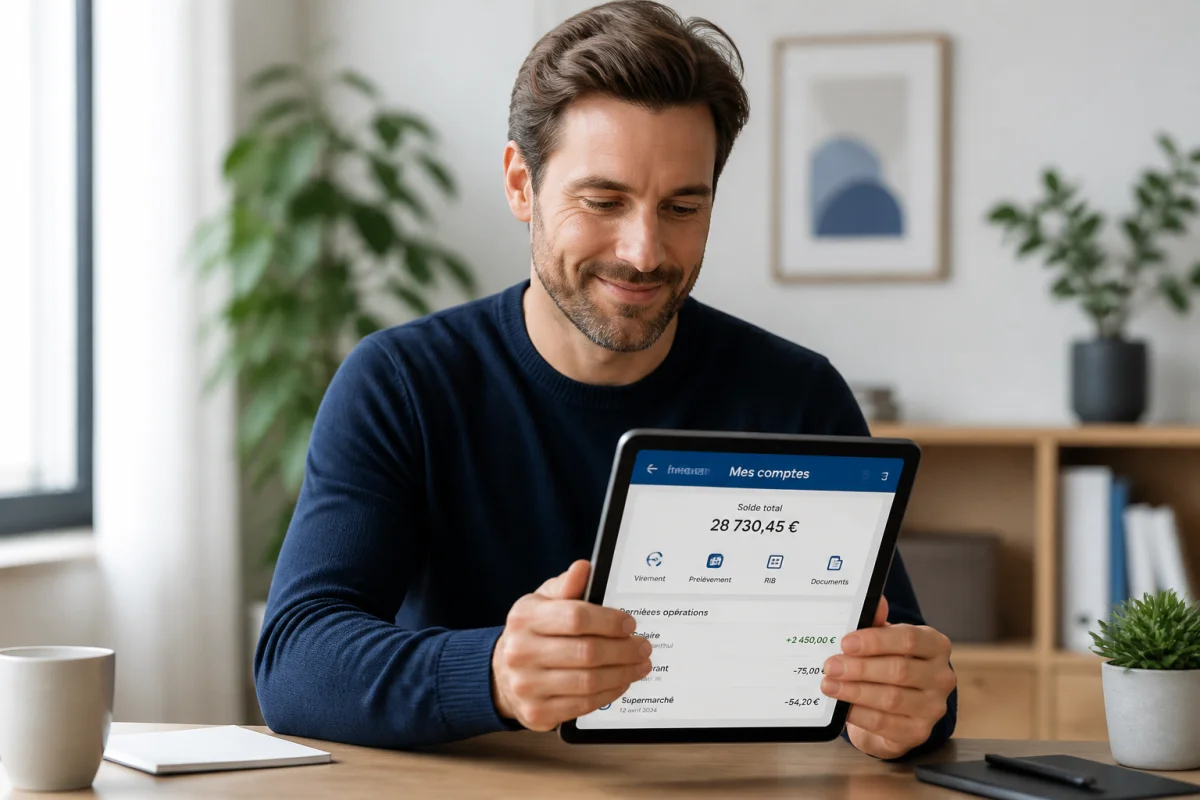Personne sereine consultant son relevé de prlv sepa ca consumer finance sur une tablette dans un bureau lumineux.