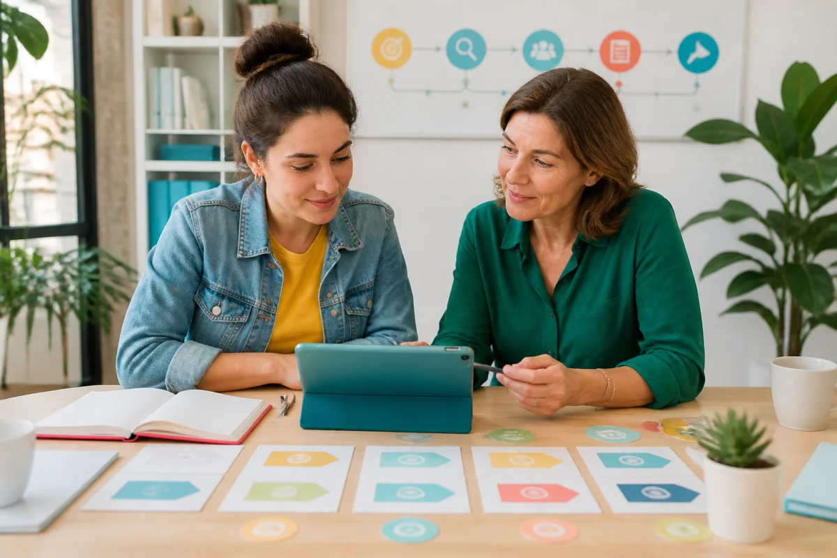 Deux professionnelles consultent un guide numérique Allo Emploi pour structurer leur projet professionnel et valoriser leurs expériences.