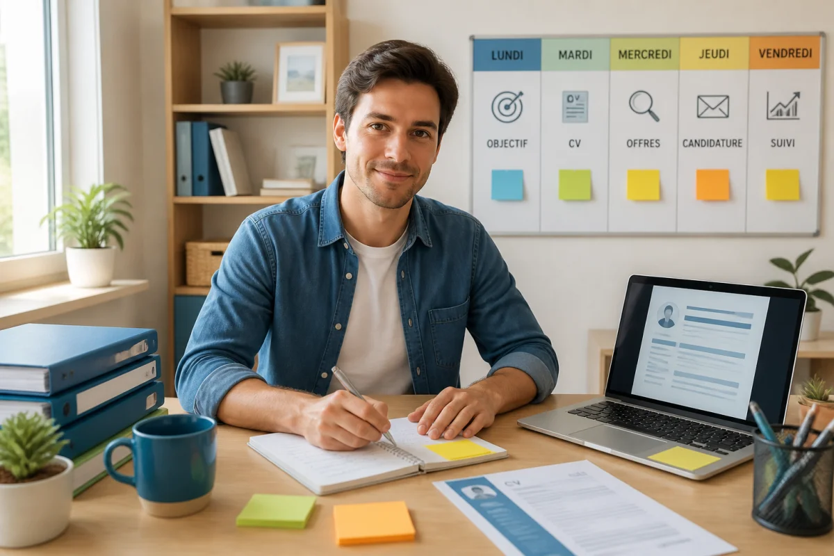Personne organisant sa recherche d’emploi avec carnet, CV, ordinateur portable et calendrier hebdomadaire Allo Emploi