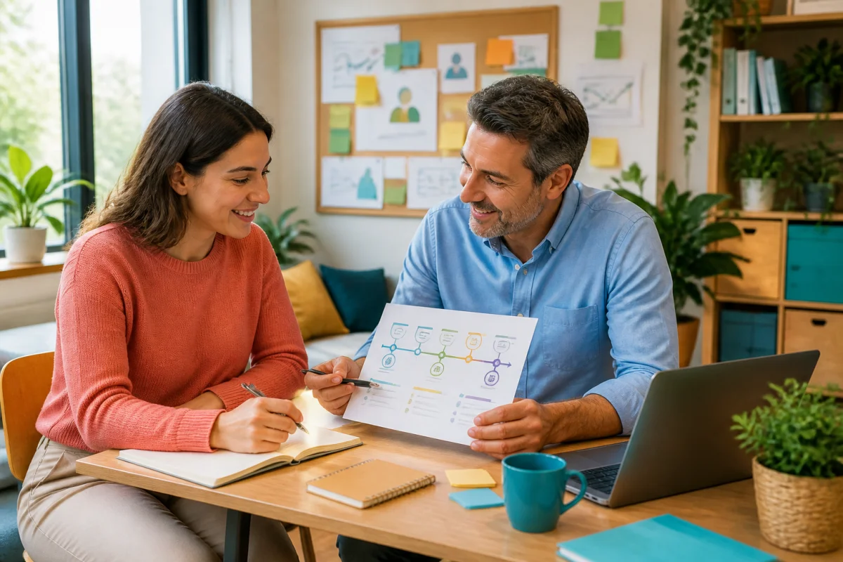 Nouvelle salariée accompagnée par un collègue lors d’un parcours d’intégration personnalisé dans une petite équipe