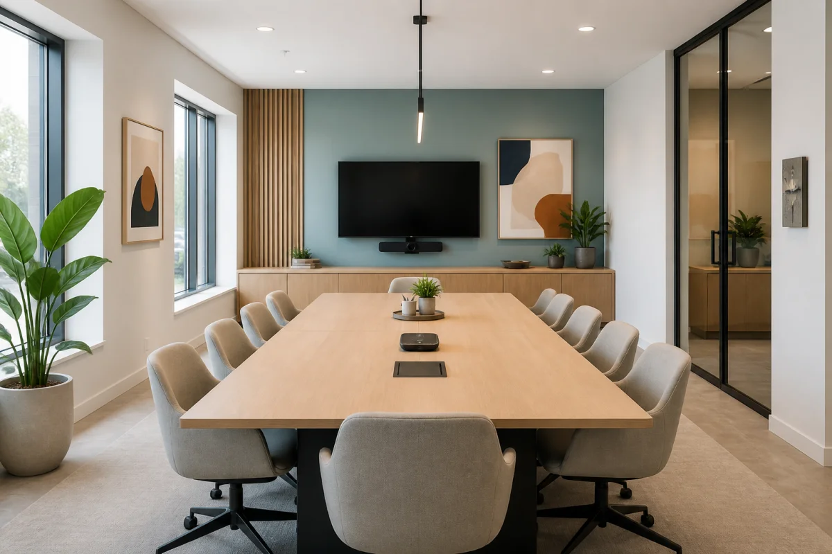 Aménagement d’un espace de réunion contemporain avec grande table, visioconférence, mobilier fonctionnel et ambiance professionnelle lumineuse