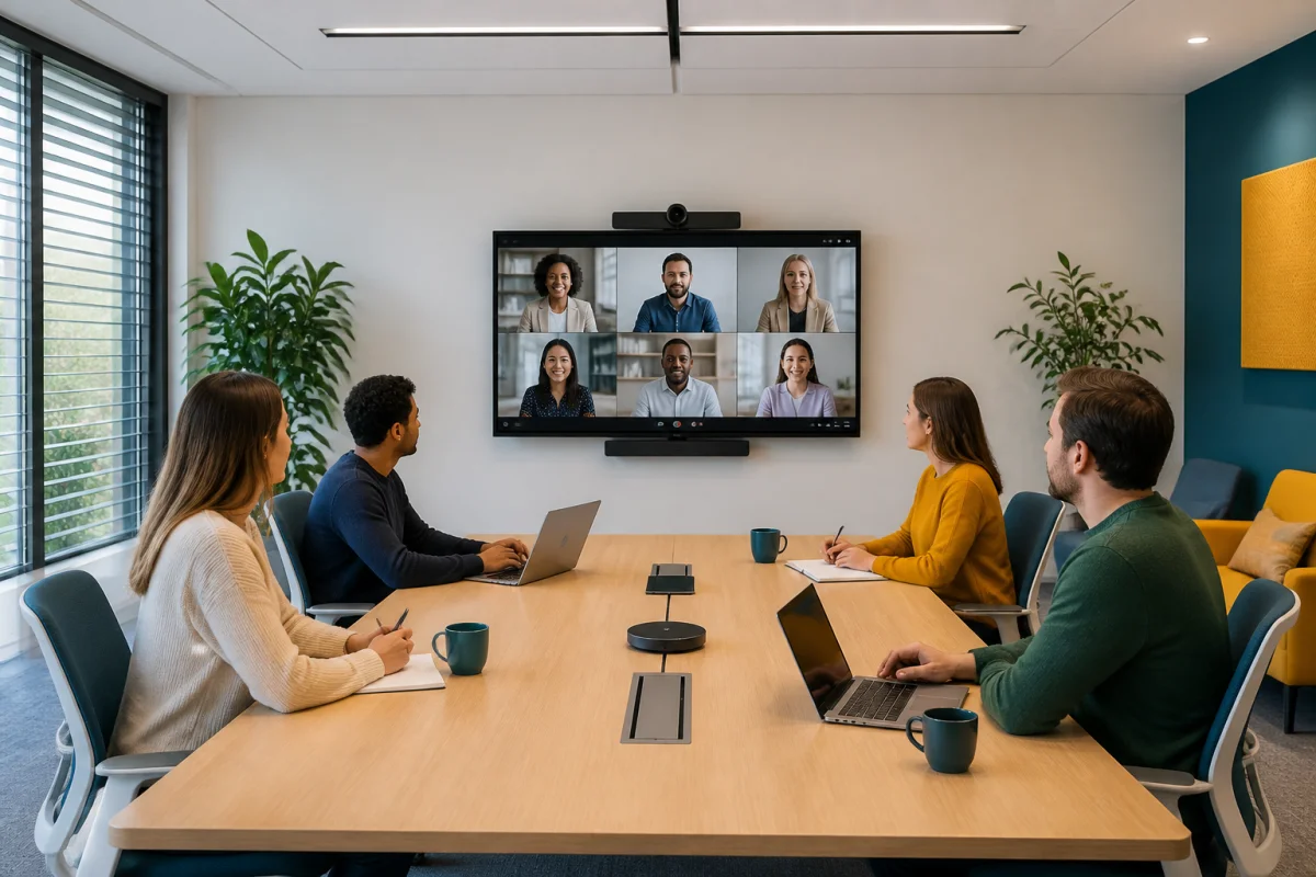 Aménagement d’un espace de réunion contemporain avec écran, caméra de visioconférence, table collaborative et équipements ergonomiques.