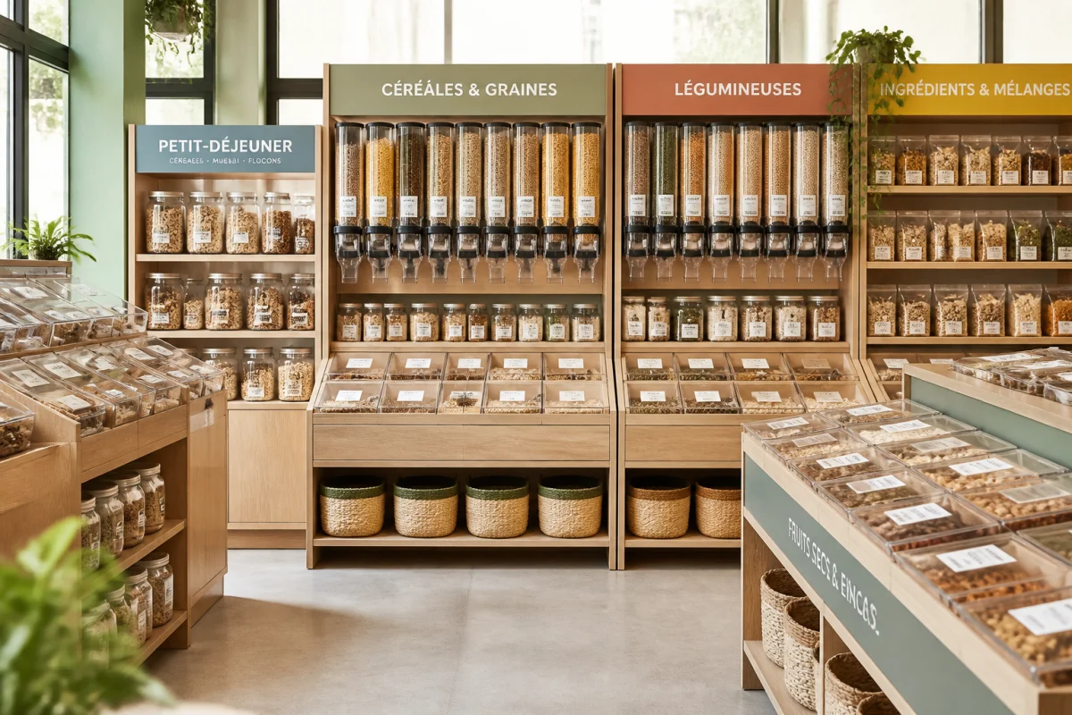 Aménagement d’un espace vrac en magasin organisé par familles, avec distributeurs transparents, signalétique claire et allée dégagée